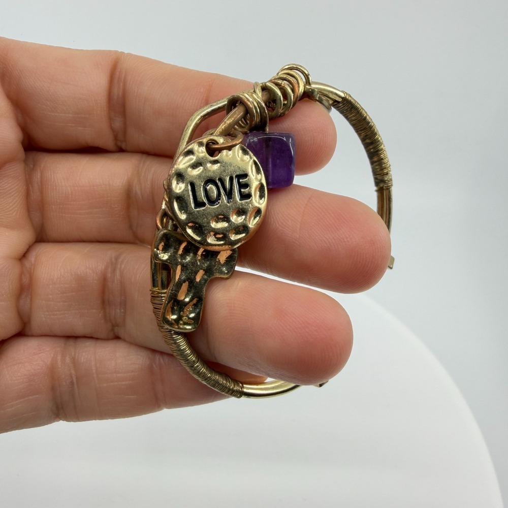 Y2K Gold Tone Wire Wrap Charm Bangle with Purple Beads - Boho Gift